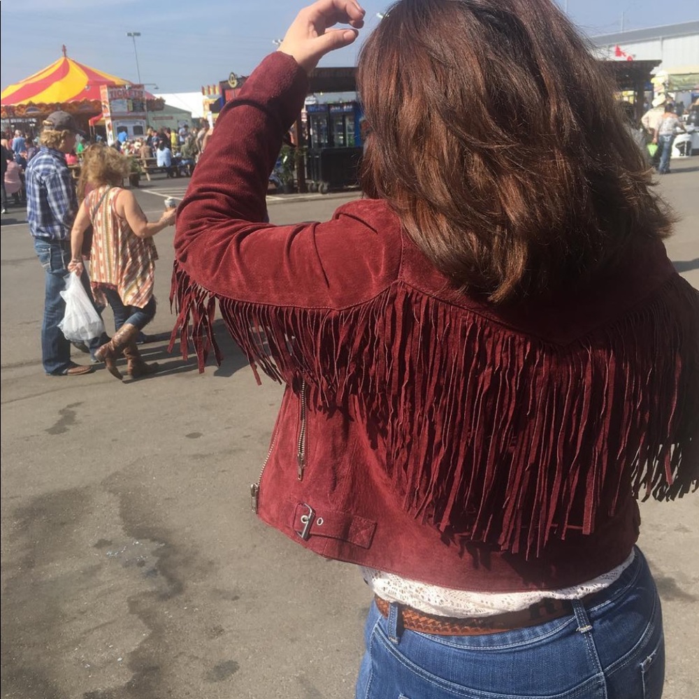 Forever21 Burgundy Maroon Suede Fringe Moto Jacket